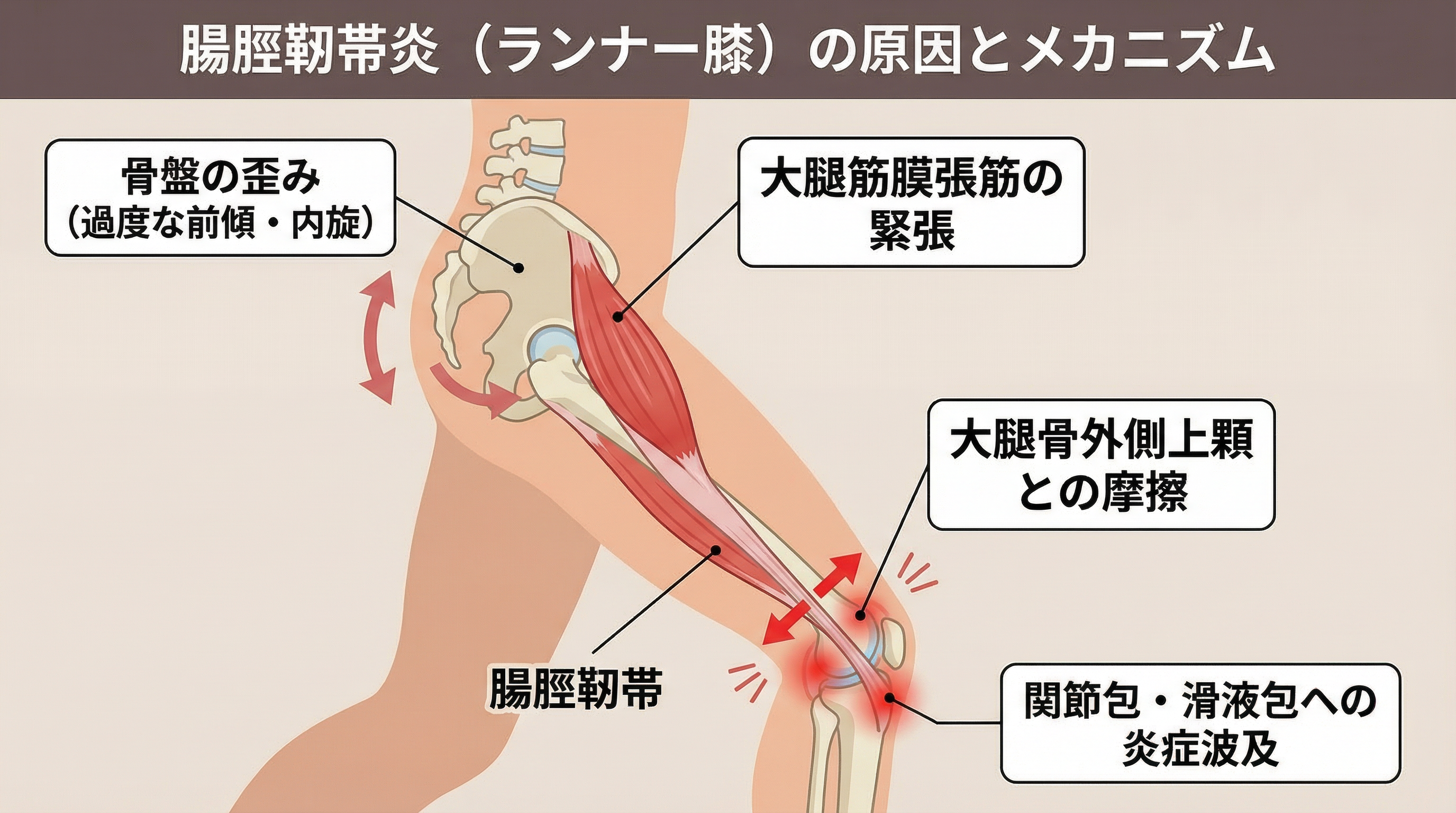 腸脛靭帯炎の原因となる骨盤の歪みと大腿筋膜張筋のメカニズム解説図