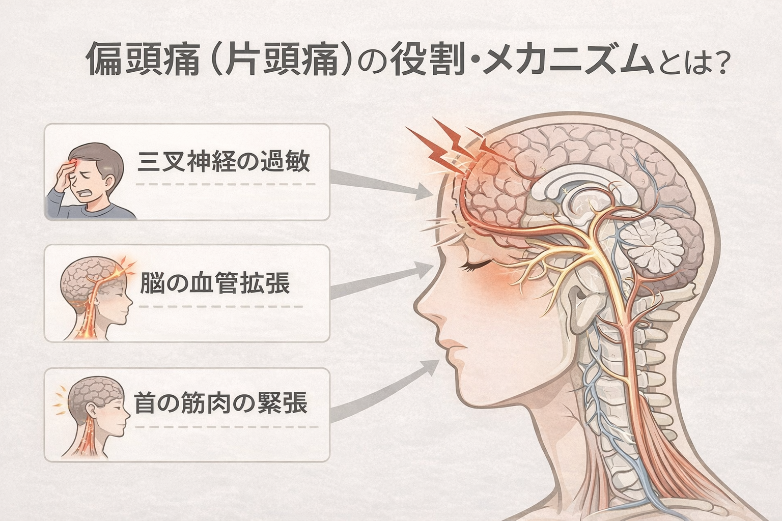 偏頭痛の原因 三叉神経の過敏と脳血管拡張のメカニズム図