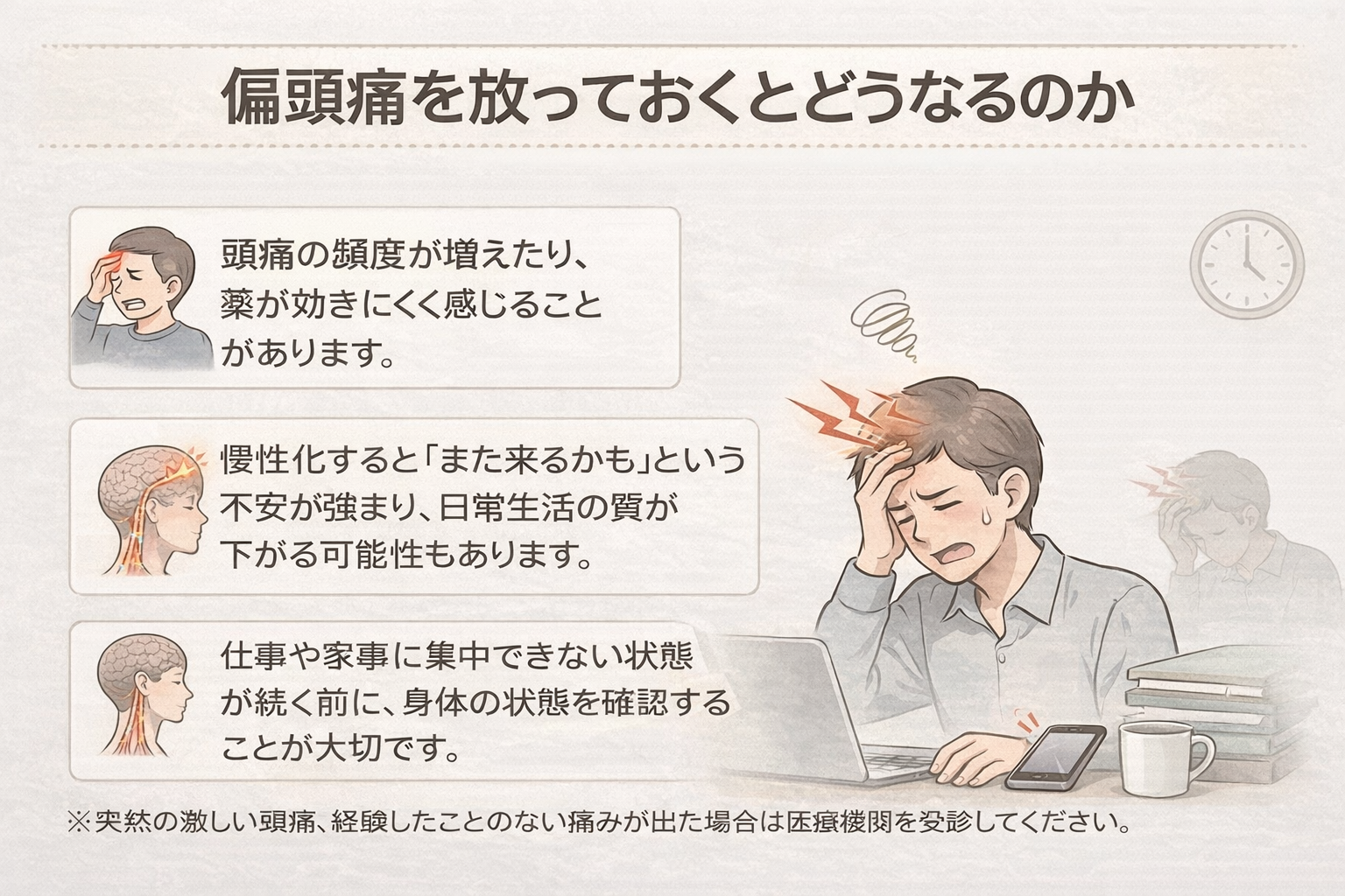 偏頭痛が慢性化し日常生活に支障が出るイメージ